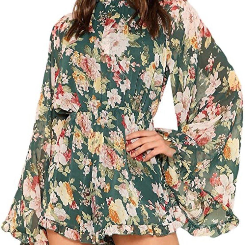 Women's Floral Printed Ruffle Bell Sleeve Loose Fit Romper